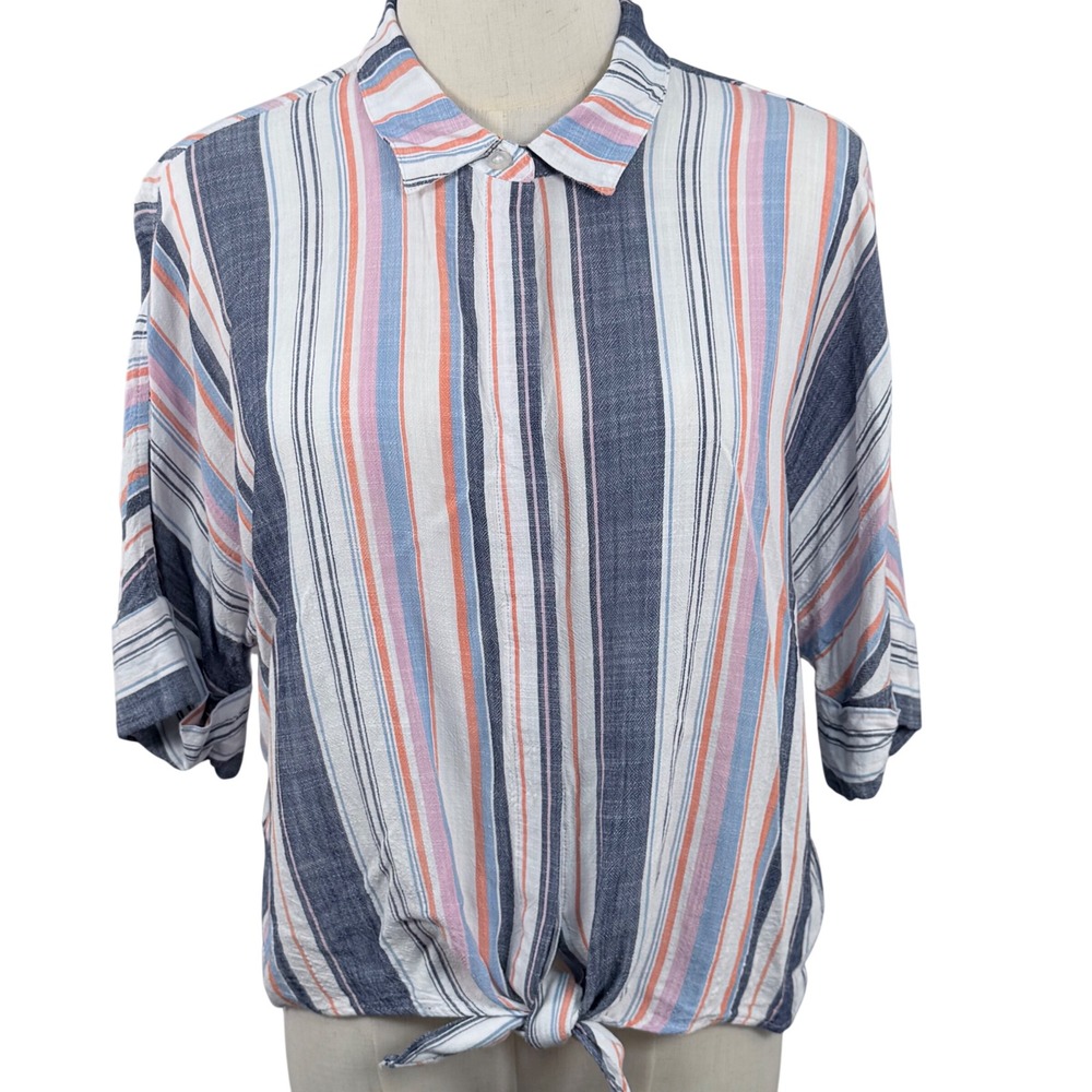 Tribal P/S Blouse Multi Color Stripe Tie Front Button Down Relaxed Fit Boho EUC